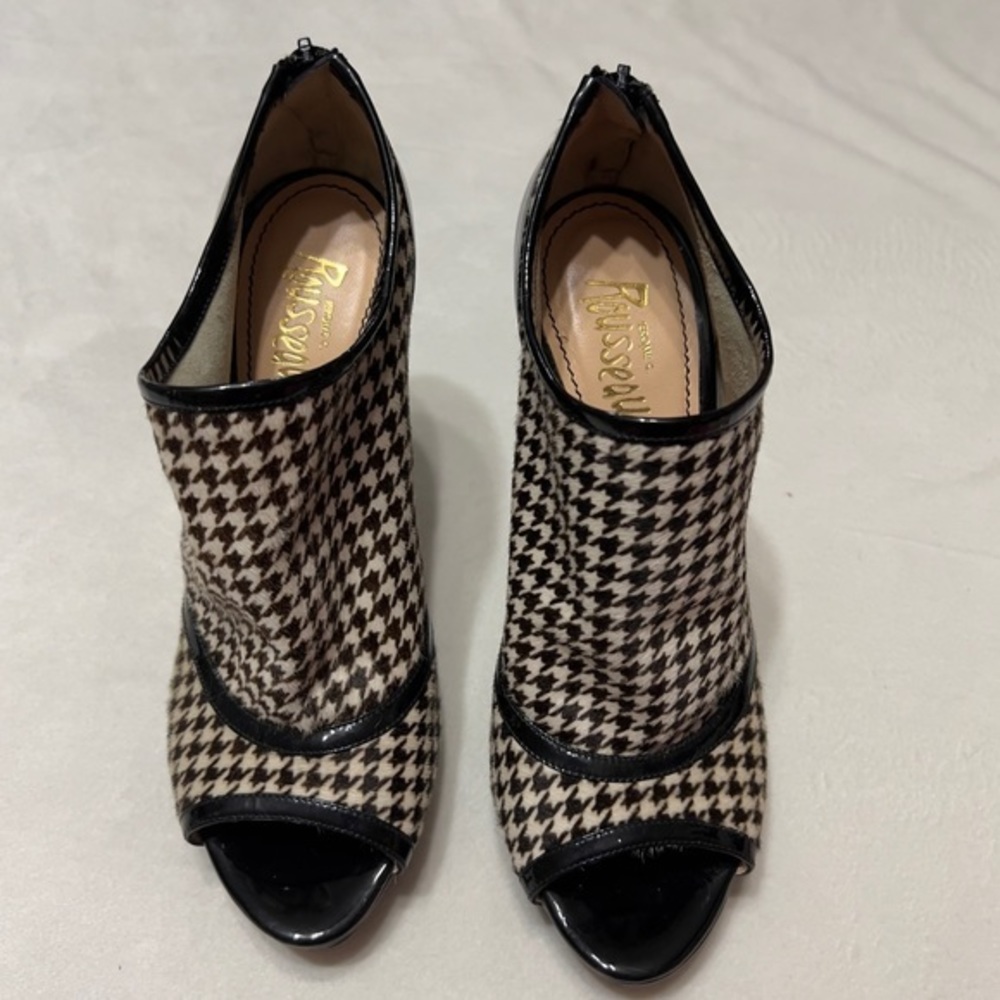 Jerome C. Rousseau Elli Houndstooth Calf Hair Patent Leather Ankle Boots Heels